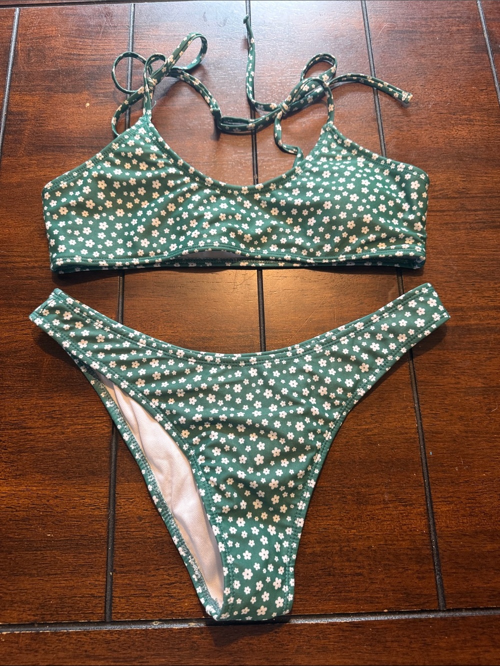 SHEIN Green Floral Tie-Strap Bikini Set